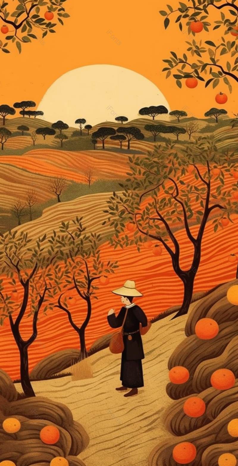 二十四节气芒种夕阳远山一人抽象橙色垂直画幅插画,插画/手绘图,插画/手绘图库,插画/手绘图下载,插画/手绘